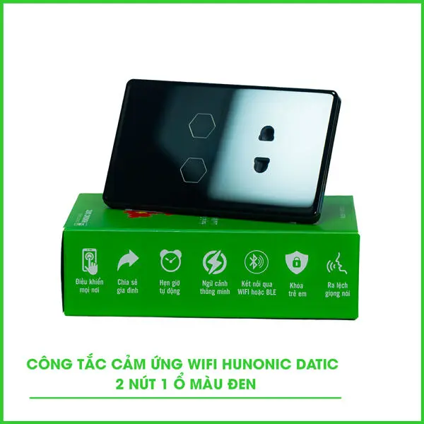 Công Tắc Cảm Ứng Wifi 2 nút 1 ổ Hunonic Datic Màu Đen
