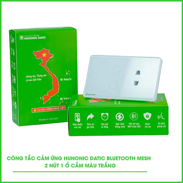 Công Tắc Cảm Ứng 2 Nút 1 ổ Bluetooth Mesh Hunonic Datic Màu Trắng
