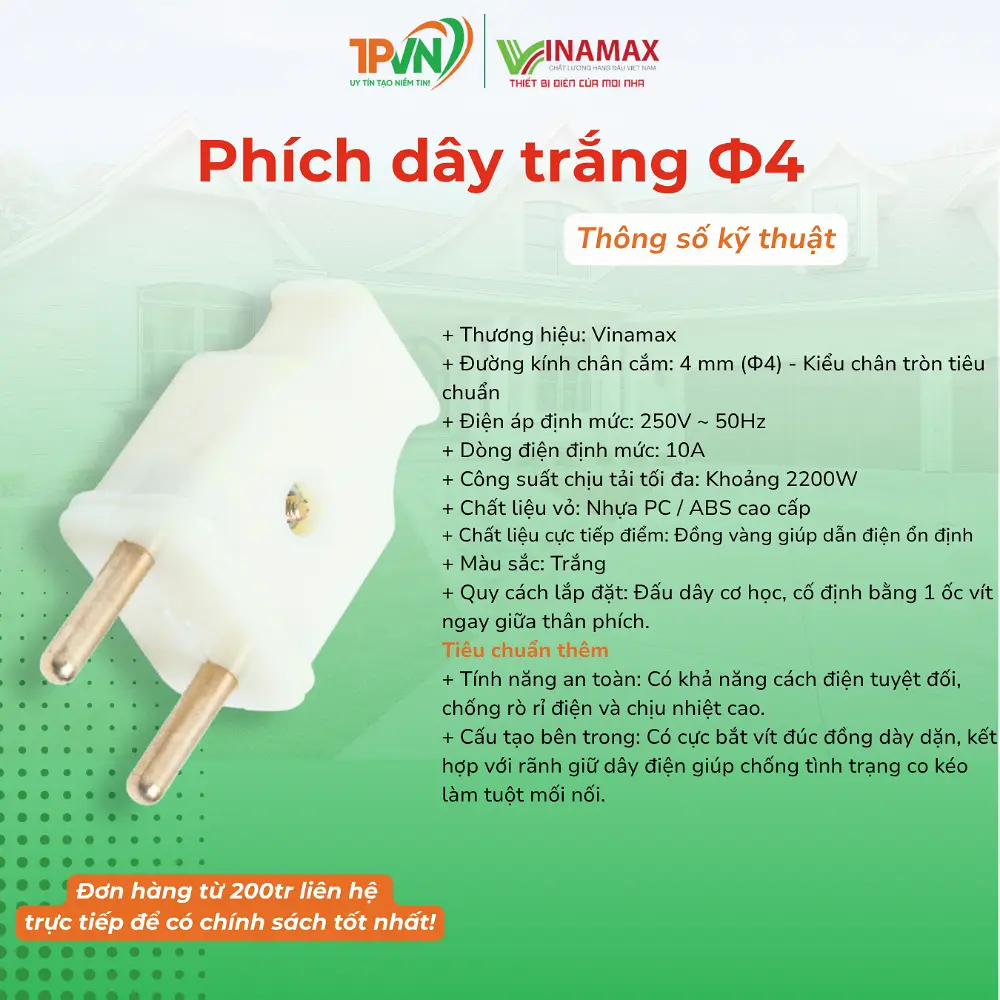 Phích dây trắng Ф4 - A41/A42 - VINAMAX - Ảnh 3
