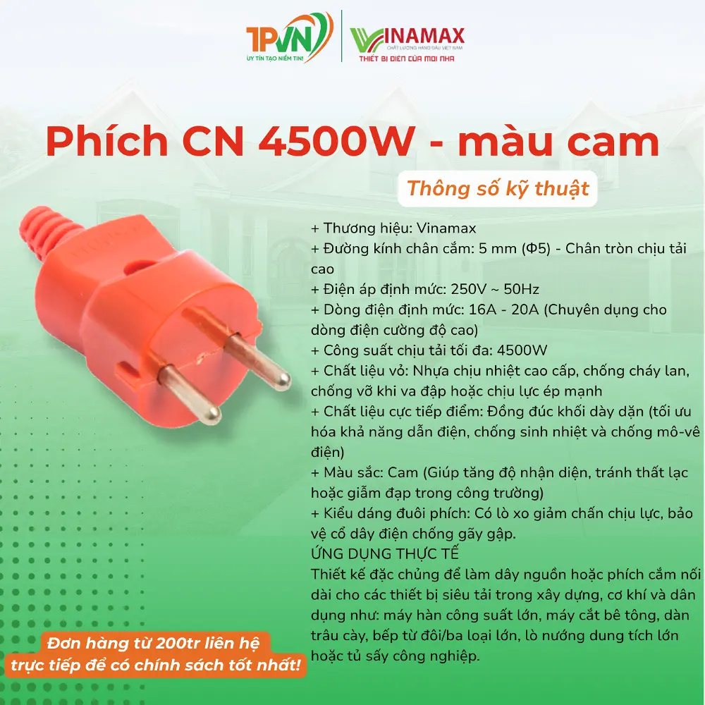 Phích Công Nghiệp 4500W- màu cam - PC4500 - VINAMAX - Ảnh 3