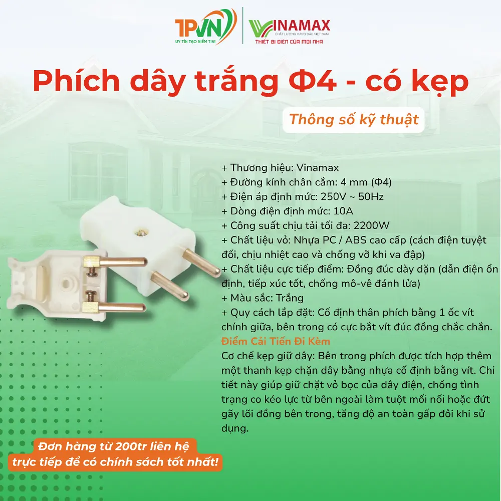 Phích dây trắng Ф4, có kẹp - B4 - VINAMAX - Ảnh 3