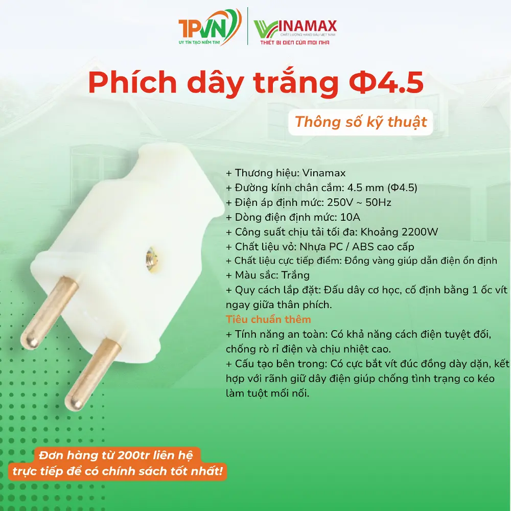 Phích dây trắng Ф4,5 - PT4.5 - VINAMAX - Ảnh 3
