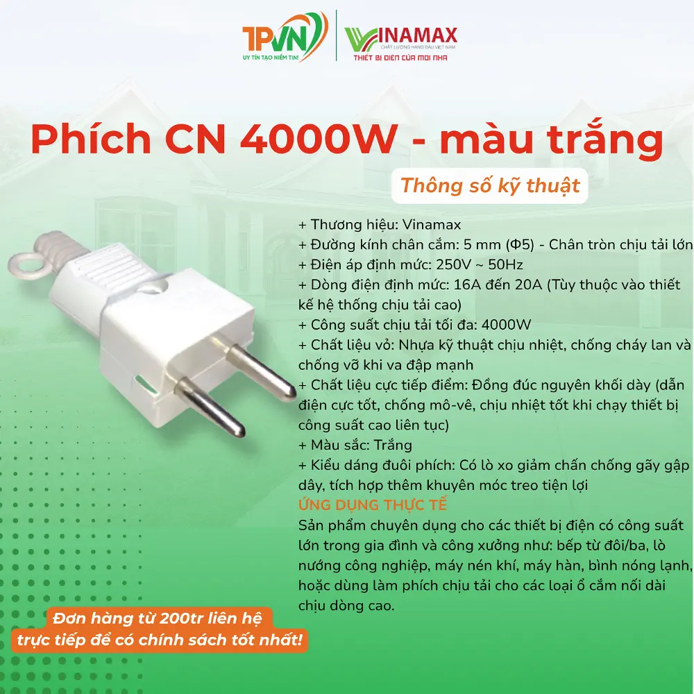 Phích Công Nghiệp 4000W - màu trắng sứ - PT4000 - VINAMAX - Ảnh 3