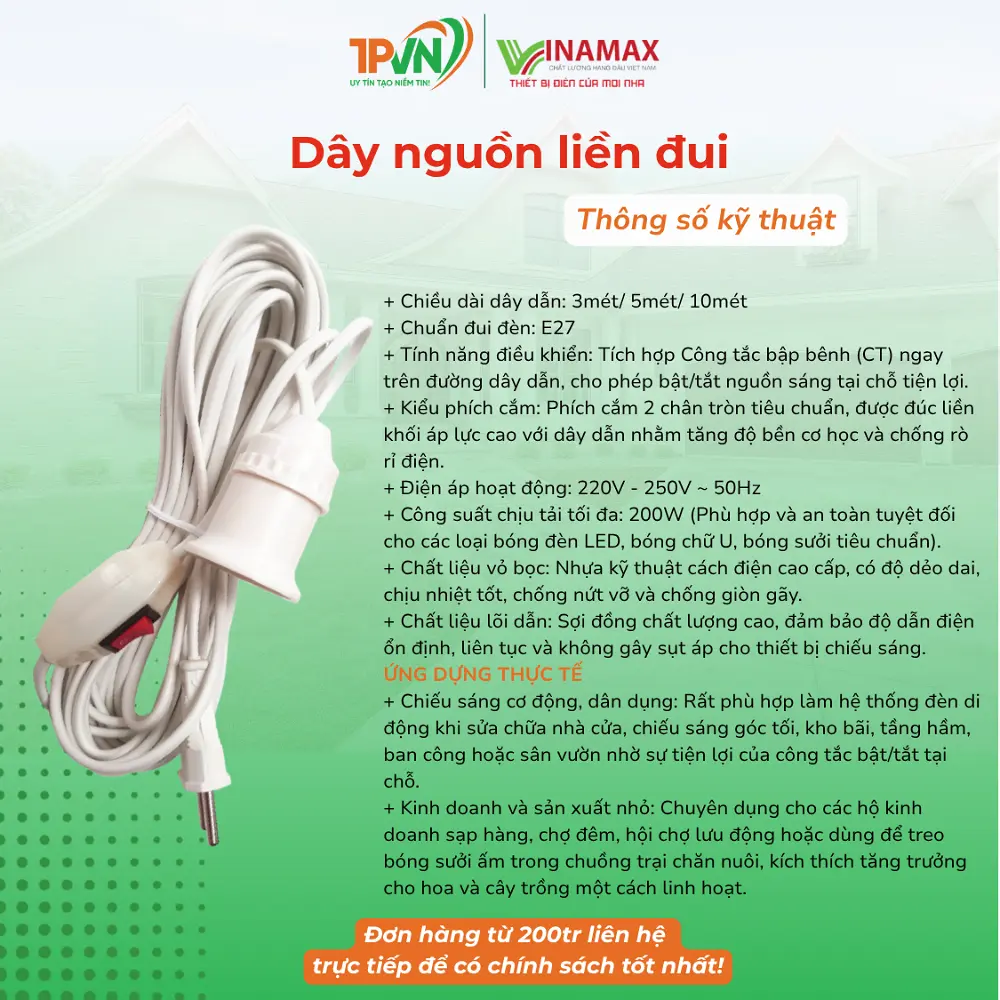 Dây nguồn liền đui có công tắc 200W - DS3/DS5/DS10 - VINAMAX - Ảnh 3