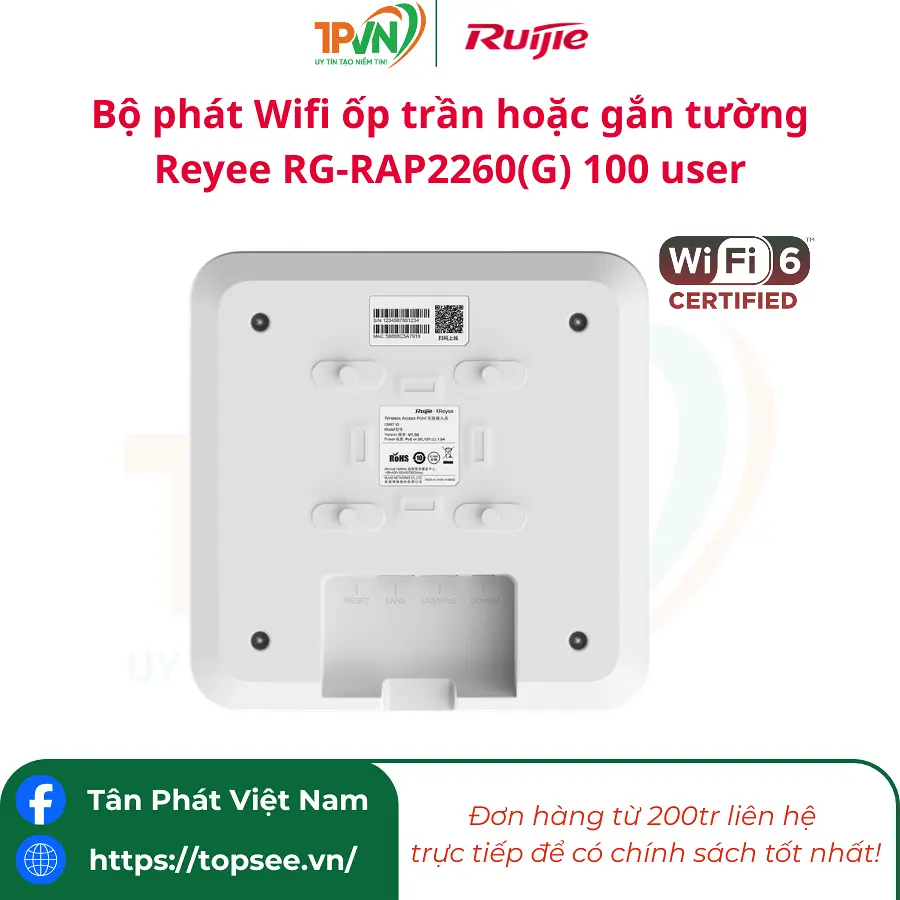 Bộ phát Wifi ốp trần hoặc gắn tường Reyee RG-RAP2260(G) 100 user - Ảnh 3