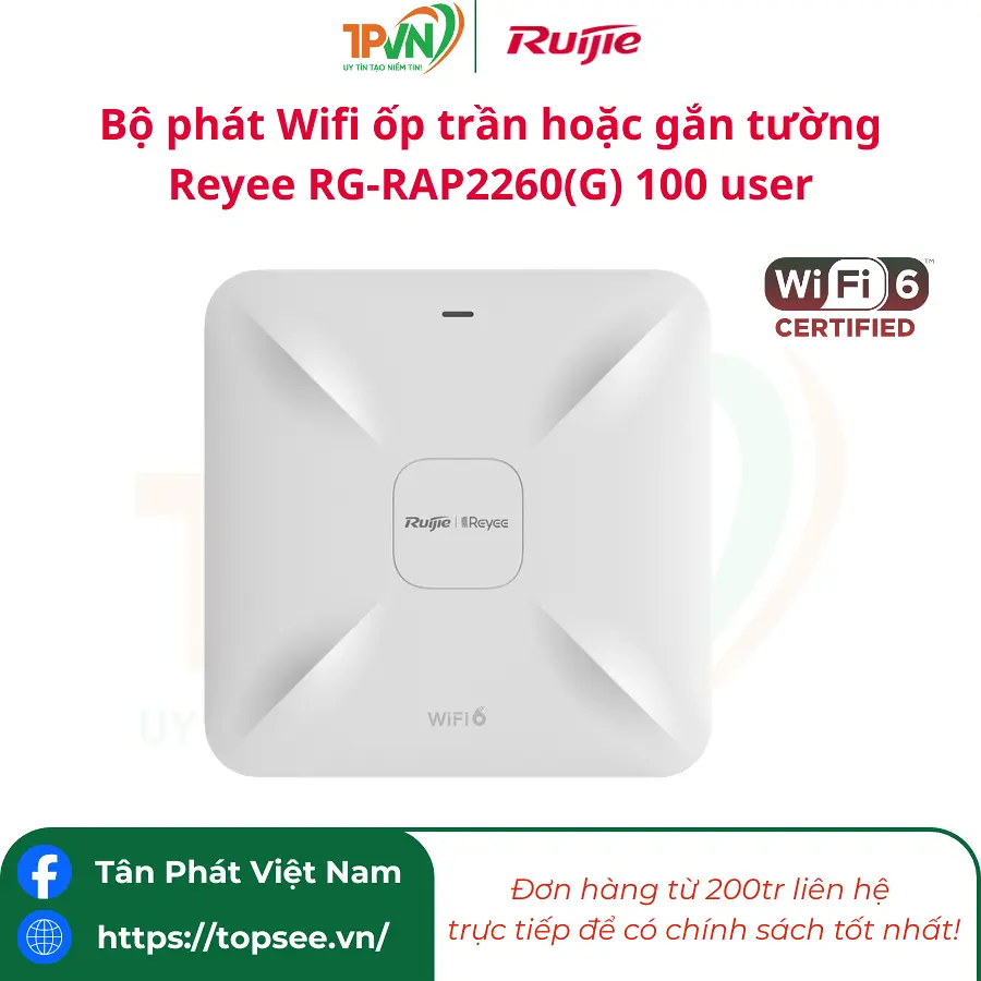 Bộ phát Wifi ốp trần hoặc gắn tường Reyee RG-RAP2260(G) 100 user