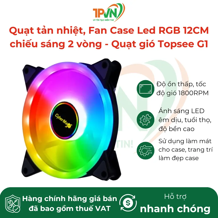 Quạt tản nhiệt, Fan Case Led RGB 12CM chiếu sáng 2 vòng (Quạt gió Topsee G1)