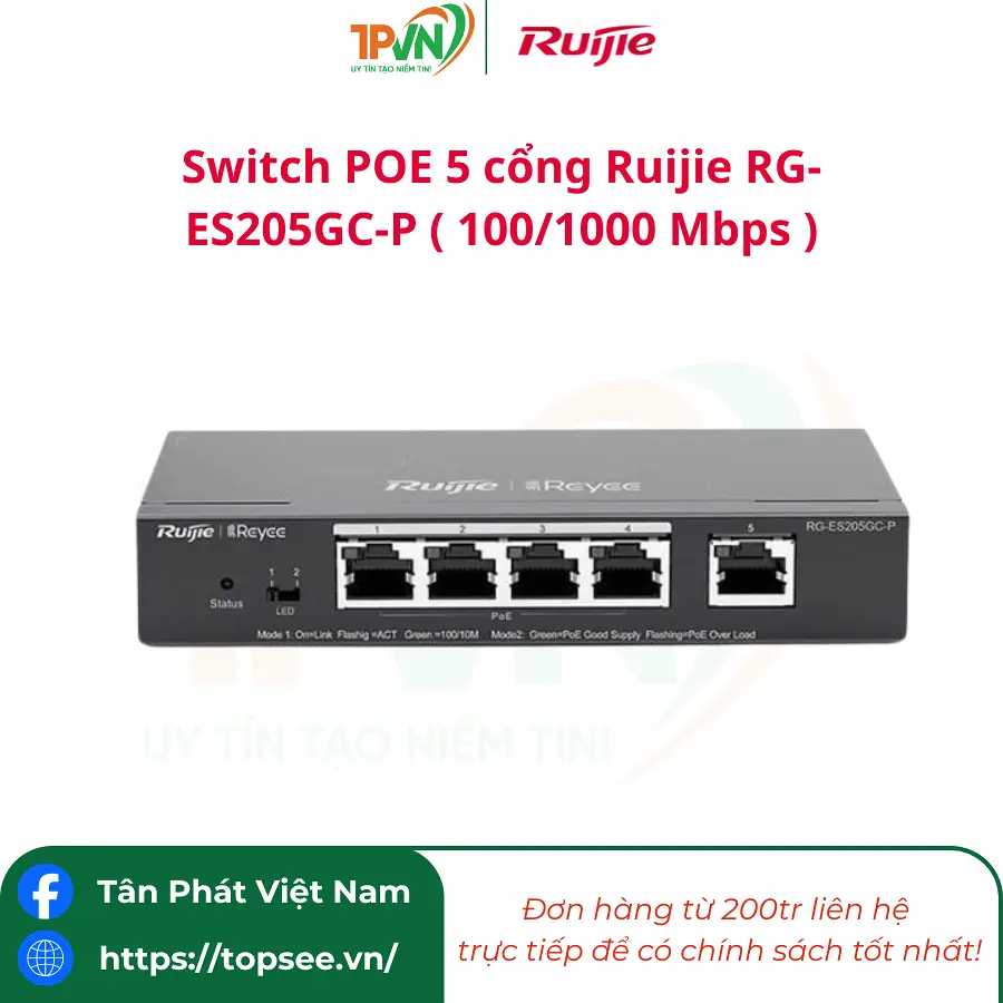 Switch POE 5 cổng Ruijie RG-ES205GC-P ( 100/1000 Mbps )