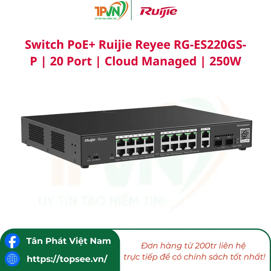 Switch PoE+ Ruijie Reyee RG-ES220GS-P | 20 Port | Cloud Managed | 250W - Ảnh 2