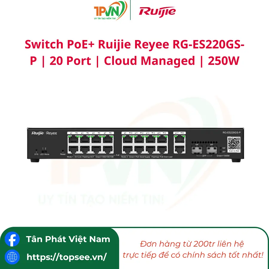 Switch PoE+ Ruijie Reyee RG-ES220GS-P | 20 Port | Cloud Managed | 250W - Ảnh 3