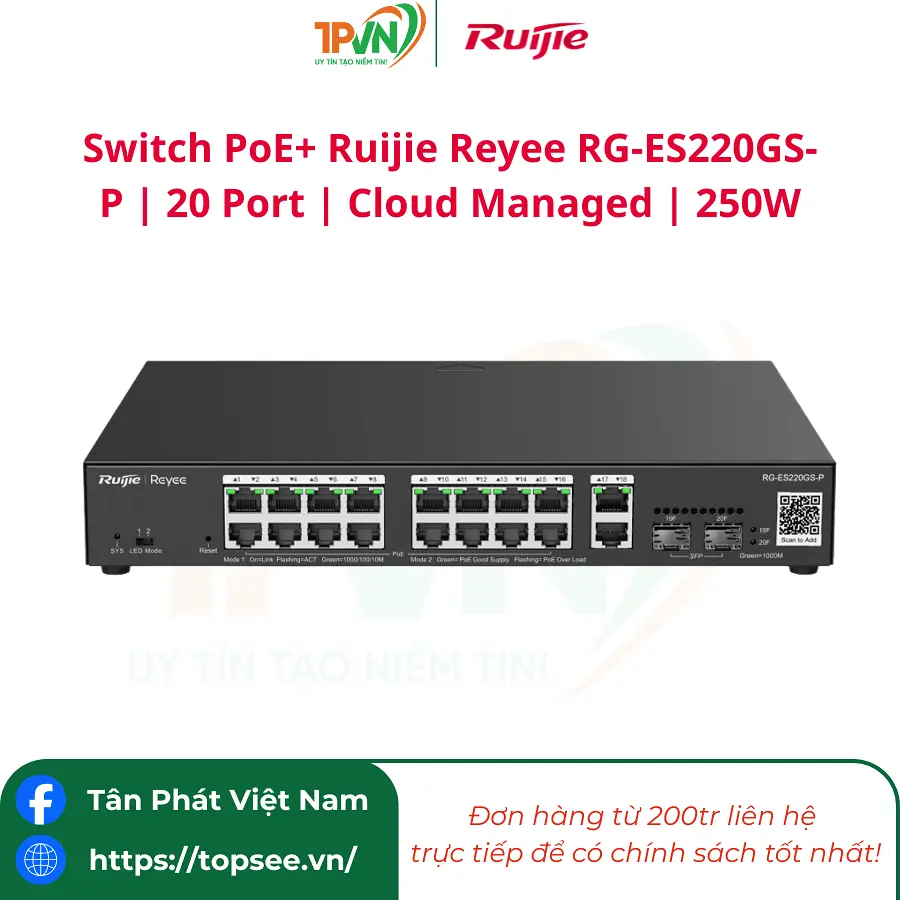 Switch PoE+ Ruijie Reyee RG-ES220GS-P | 20 Port | Cloud Managed | 250W