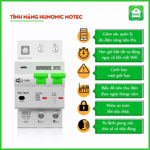 Aptomat Cầu Dao Wifi Thông Minh Đo Năng Lượng Hunonic Notec