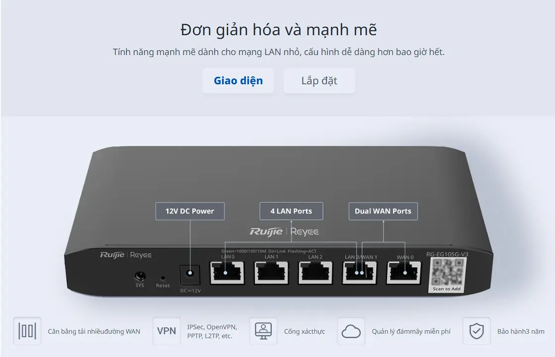 Router cân bằng tải Ruijie RG-EG105G V3 – Cân bằng tải 2 WAN – Chịu tải 100 user