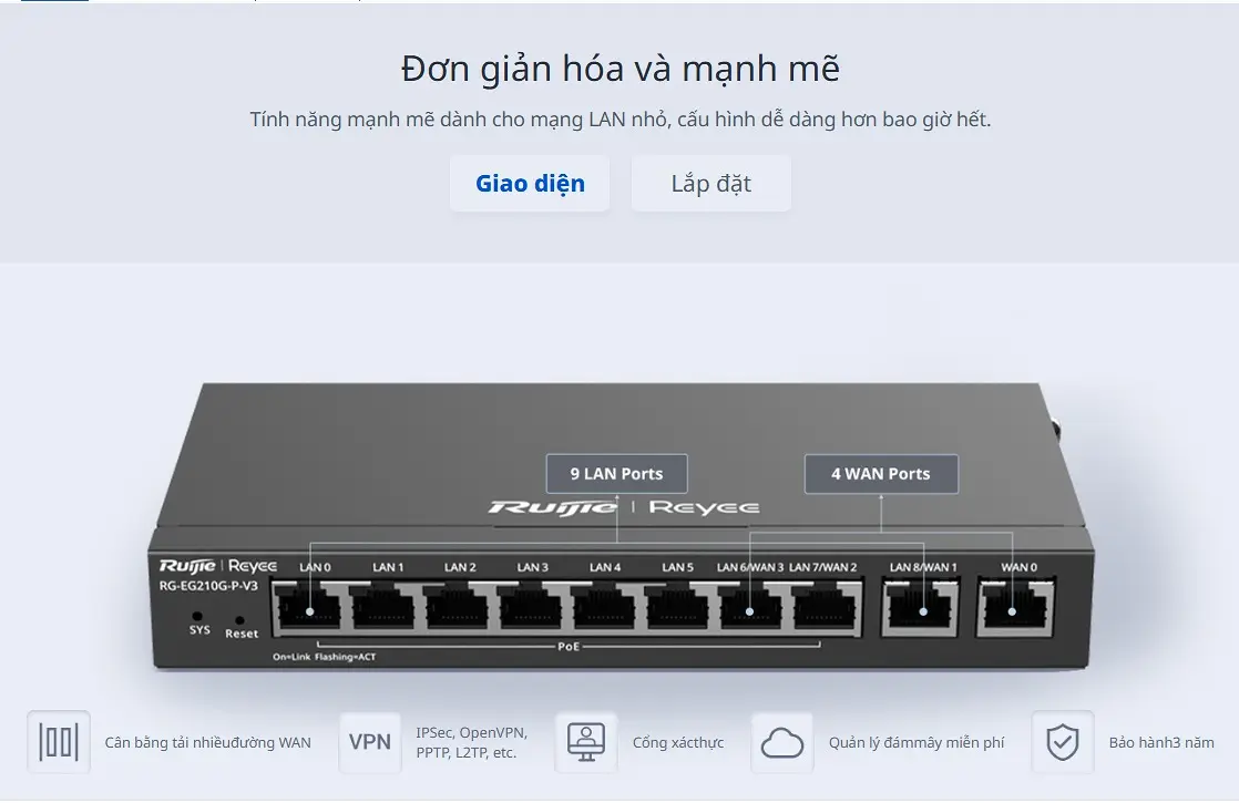 Cân Bằng Tải Ruijie PoE RG-EG210G-P-V3 (10 port/ 1 Gbps) – Chịu tải 200 user
