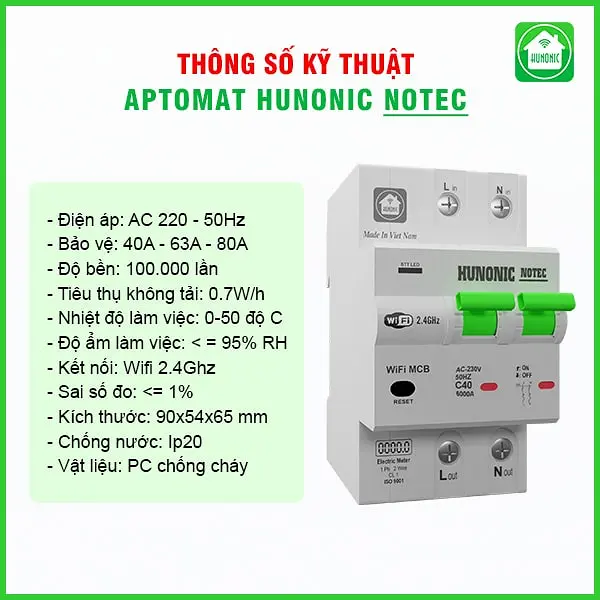 Aptomat Cầu Dao Wifi Thông Minh Đo Năng Lượng Hunonic Notec - Ảnh 3