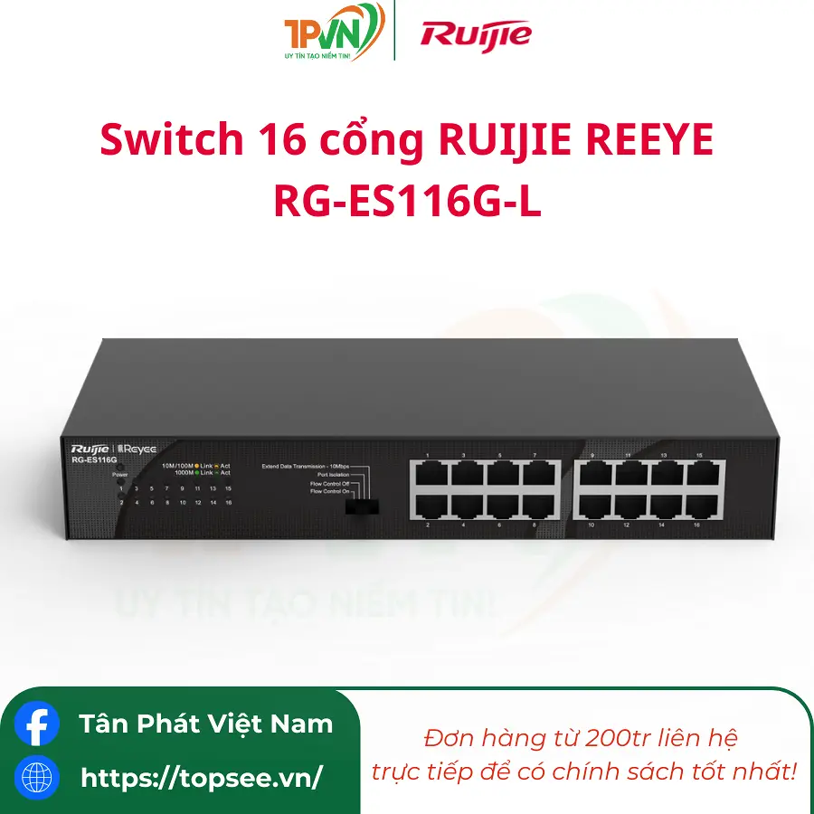 Switch RUIJIE RG-ES116G (16 cổng 10/100/1000 BASE-T Vỏ kim loại)